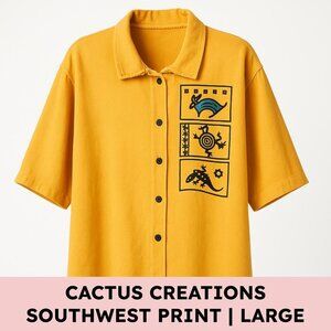 Cactus Creations Vintage Cotton Button-Up Shirt Southwest Graphic Yellow L